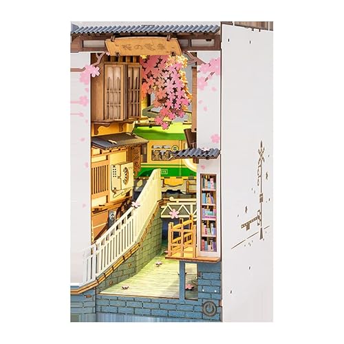 BYVUTE DIY Book Nook Kit, 3D Holzpuzzle LED Buchstützenständer Bücherregaleinsatz Bücherregal Buchständer Miniatur Haus Kit mit Sensor Licht Modellbausatz für Raumdekor (Sakura Zug) von BYVUTE