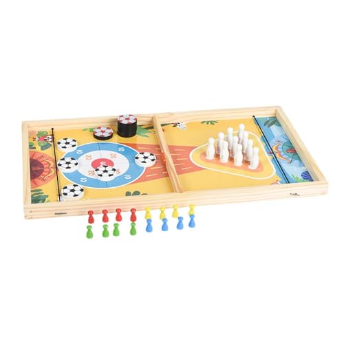 5-in-1 Holz-Puck-Set für Kinder und Erwachsene, Hüpfschach, Bowling, Eishockey, fliegendes Schach, Schlangenschach, Reisen, tragbar, zusammenklappbar, Tischschachbrettspiel-Sets, interaktives von BaYuYPOO