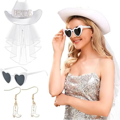 BaYuYPOO Cowgirl-Hut mit Schleier, Cowboyhut, Sommer, Cowgirl-Hut mit langem Schleier, ausgefallenes Herz-Set, Ohrringe, Brillen, Kleid, Western von BaYuYPOO