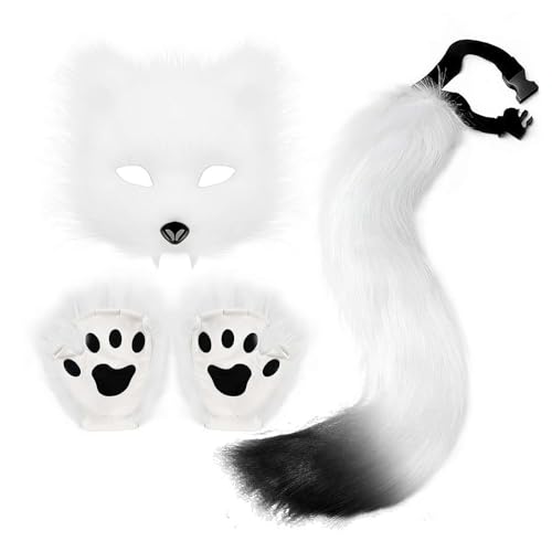 BaYuYPOO Pelzmaske, Handschuhe und Schwanz Kostüm Set Kunstpelz Maske Wolf Katze Flauschige Therian Schwanz und Glooves Set für Mädchen Halloween Party Cosplay Kostüm Zubehör Geschenk für Mädchen von BaYuYPOO