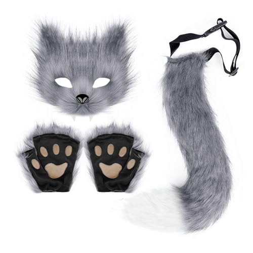 BaYuYPOO Pelzmaske, Handschuhe und Schwanz Kostüm Set Kunstpelz Maske Wolf Katze Flauschige Therian Schwanz und Glooves Set für Mädchen Halloween Party Cosplay Kostüm Zubehör Geschenk für Mädchen von BaYuYPOO