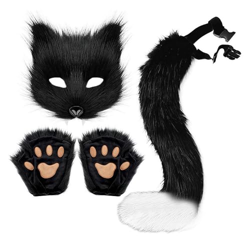 BaYuYPOO Pelzmaske, Handschuhe und Schwanz Kostüm Set Kunstpelz Maske Wolf Katze Flauschige Therian Schwanz und Glooves Set für Mädchen Halloween Party Cosplay Kostüm Zubehör Geschenk für Mädchen von BaYuYPOO