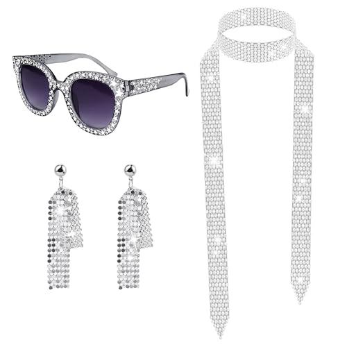 Baanfly 4 Stück 1970er Jahre Disco Kostüm Set Bling Sonnenbrille Lange Schal und Ohrringe Damen Hippie Dressing Zubehörset Kit für 70er 80er Disco Retro Party von Baanfly