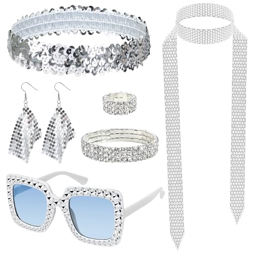 Verbessertes Disco-Kostüm-Set der 1970er Jahre, Disco-Kostüm-Set mit blauer Spiegel-Sonnenbrille, langer Schal, Ohrringe, Armband, Ring, Stirnband, Abba, Disco-Kostüm-Set für Damen, von Baanfly