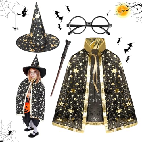 Babioms 4pcs Hexe Zauberer Umhang,Umhang Kinder Halloween Kostüm, Zauberer Cape und Hut Kinder, Kinder Halloween Umhange für Halloween Karneval Cosplay Party von Babioms