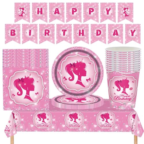 Babioms Partygeschirr Geburtstag Prinzessin 54pcs Barbi Geburtstag Deko Set Barbiprinzessin Kindergeburtstag Partyteller Barbi Tischdecke Banner Barbi Partyzubehör für 16 Personen von Babioms