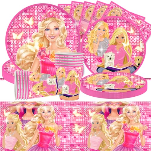 Babioms Prinzessin Partygeschirr Geburtstag 51pcs Barbi Geburtstag Deko Party Supplies Set Barbiprinzessin Kindergeburtstag Partyteller Tischdecke Barbi Partyzubehör für 10 Personen von Babioms