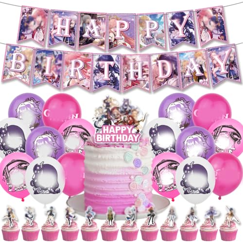 Genshin Geburtstag Dekoration Set Babioms 30Stück Genshin Anime Party Decoration Zubehör Genshin Luftballon Happy Birthday Banner Cake Topper Deko für Kindergeburtstag Party von Babioms