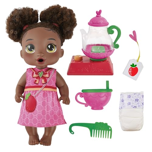 Baby Alive Bubbly Tea Party Berry Boo Puppe mit Teekannenzubehör, schwarze Haare, 27,9 cm, Spielzeug für 3 Jahre alte Mädchen und Jungen & Up von Baby Alive