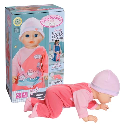 Baby Annabell Emily lauf mit Mir 43cm, Krabbel- und Lauflernpuppe mit Soundfunktion, rosa Strampler und Mütze, 710623 Zapf Creation von Baby Annabell