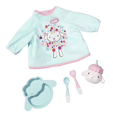 Baby Annabell Zapf Creation 702024 Lunch Time Set, Puppenzubehör für Puppenstuhl mit Latz-Shirt, Teller, Löffel, Gabel und Flasche, rosa und türkis von Baby Annabell