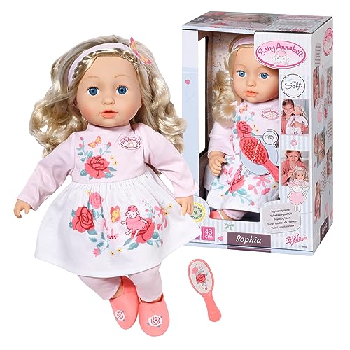 Baby Annabell Zapf Creation 709948 Sophia 43cm-weiche Stoffpuppe mit Langen blonden Haaren, rosa Puppenkleidung bestehend aus Kleid, Leggings, Schuhen, Haarband und Bürste von Baby Annabell