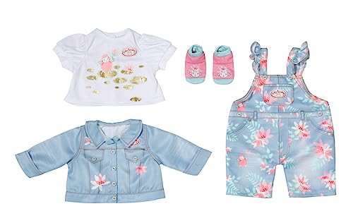 Baby Annabell Active Deluxe Jeans Outfit, blau rosa Latzhose mit Jeansjacke, weiße Bluse und Socken für 43 cm Puppen, 706268 Zapf Creation von Baby Annabell