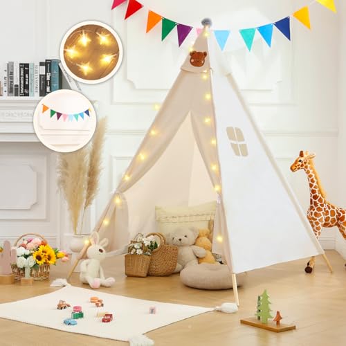 BabyAlly Tipi-Zelt für Kinder, Sternenlichter, Flaggen, 134 x 129 x 140 cm, Kinderspielzelt, Spielzelt für drinnen und draußen, Geschenke, Spielhaus für Kinder, Kleinkinder, Tipi-Zelt, beige, neutrale von BabyAlly