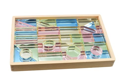 Babylon Lux Transparent Mirror Stones, Spielbausteine, 31 Acrylbausteine in Pastellfarben, Holzbox mit Spiegel von Babylon