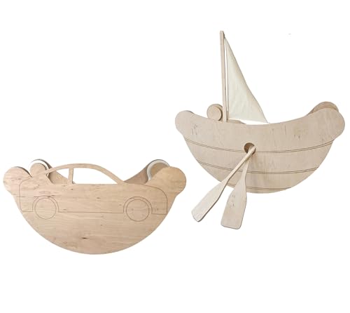 Babywood Kletterbogen ab 2 Jahren, Holzwippe für Kinder und Erwachsene und Satz Seitenteile zur Montage in Form eines Autos und Holzboot mit Segel und Ruder 75x39x38cm (S) von Babywood