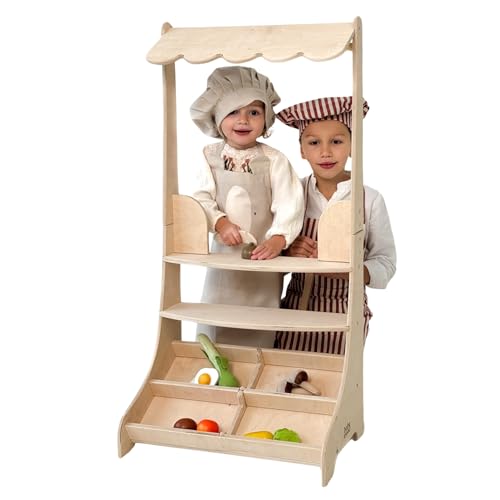 Hölzerner Gemüsestand für Kinder, Ladenspiel, Kaufmansladen Holz mit Vordach und Lagerregalen, Verkaufsstand Spielzeug Set, 100x50x30cm von Babywood