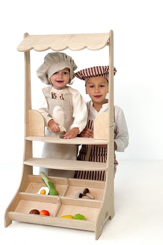 Hölzerner Gemüsestand für Kinder, Ladenspiel, Kaufmansladen Holz mit Vordach und Lagerregalen, Verkaufsstand Spielzeug Set, 100x50x30cm von Babywood