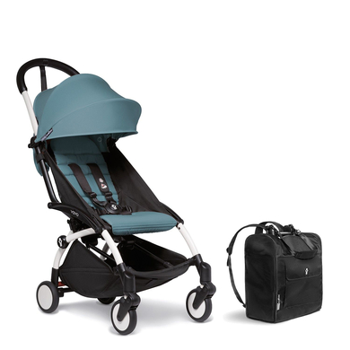 BABYZEN Kinderwagen YOYO2 6+ White mit Textilset Aqua und Backpack YOYO Black von Babyzen