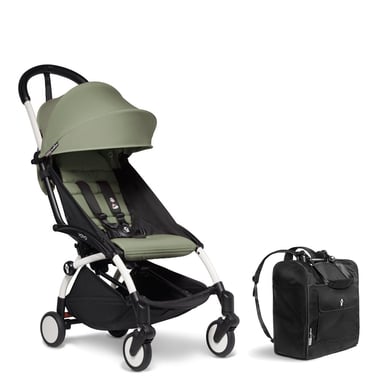 BABYZEN Kinderwagen YOYO2 6+ White mit Textilset Olive und Backpack YOYO Black von Babyzen