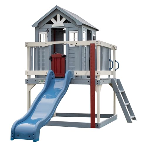 Backyard Discover Spielhaus Beacon Heights mit Blauer Rutsche, Sandkasten & Veranda | Stelzenhaus in Blau & Weiß aus Holz für Kinder | Spielturm für den Garten von Backyard Discovery