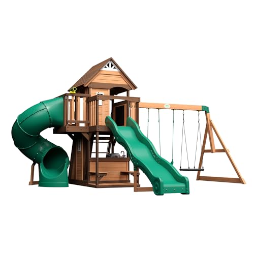 Backyard Discovery Cedar Cove Spielturm aus Holz | XXL Spielhaus für Kinder mit Rutsche, Schaukel, Kletterwand & Aussichtsplattform | Stelzenhaus für den Garten von Backyard Discovery