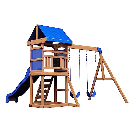 Backyard Discovery Spielturm Aurora aus Holz | XXL Spielhaus für Kinder mit Rutsche, Schaukeln und Kletterleiter | Stelzenhaus für den Garten von Backyard Discovery