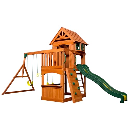 Backyard Discovery Spielturm Holz Atlantic | Stelzenhaus für Kinder mit Rutsche, Schaukel, Kletterwand | XXL Spielhaus / Kletterturm für den Garten von Backyard Discovery