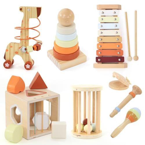 Baeroly 5-in-1 Hölzernes Home Busy Board, einschließlich Baustein Stapeln, Xylophon und anderes Spielzeug, Kinder im Alter von DREI Jahren von Baeroly