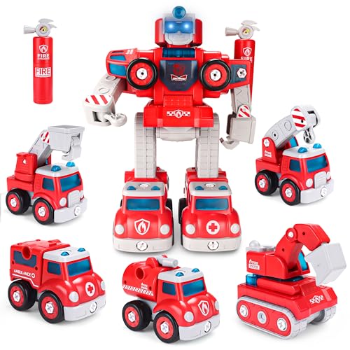 Baeroly 5 in 1 Transformer Robot Toy Firefighting Series, einschließlich Feuerwehrautos, Leiterwagen, Kräne, Polizeiautos und montierte Teile für Kinder über 3 Jahre alt von Baeroly