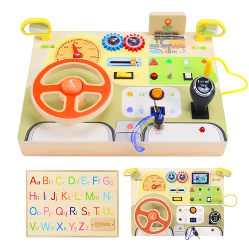 Baeroly Montessori Sensorikspielzeug mit simuliertem Lenkrad und LED-Lichtschaltern - Holzschalttafel für Kleinkinder Busy Board- Ideales Reisespielzeug und Geschenk für Jungen und Mädchen von Baeroly