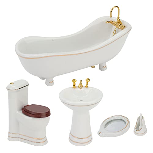 5-teiliges 1:12 Puppenhaus-Badezimmer-Set, Weiße Keramik, Toilettenbecken, Badewanne, Spiegel, Puppenhaus-Zubehör Badezimmer, Kuchenaufsatz, Spielzeug von Bagima