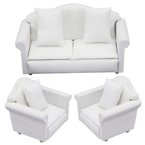 Bai42Ylou 3pcs Dollhouse Couch mit Kissenpuppen Hausmöbeln, Mini Dollhouse Sofa 1/12 Skala, Puppenhausmöbel und Accessoires Spielzeug für Dollhouse Wohnzimmer Armstühle Weiß von Bai42Ylou