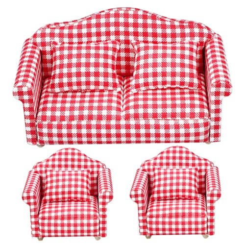 Bai42Ylou 3pcs Dollhouse Couch mit Kissenpuppen Hausmöbeln, Mini Dollhouse Sofa 1/12 Skala, Puppenhausmöbel und Accessoires Spielzeug für Dollhouse Wohnzimmer Armstühle rot von Bai42Ylou