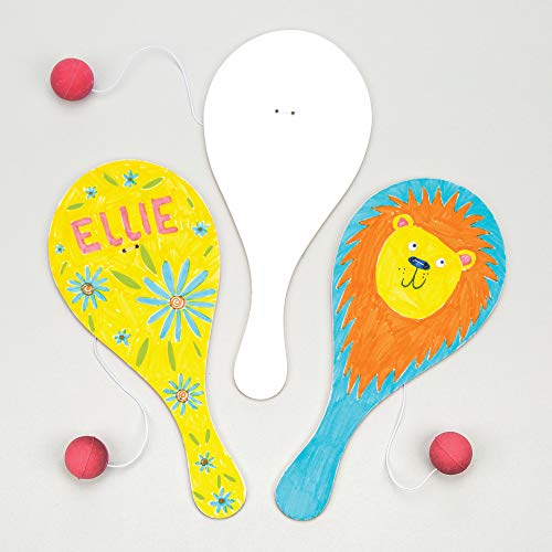 Baker Ross E891 Blanko-Paddleballschläger mit einem am Gummiband befestigten Ball für Kinder zum Gestalten und Spielen - (6 Stück), 22 cm, Weiß von Baker Ross