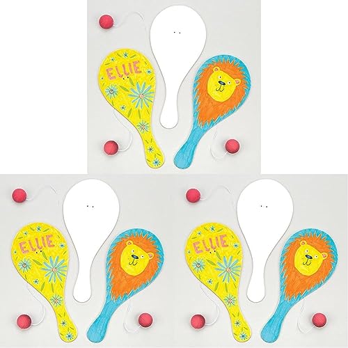 Baker Ross E891 Blanko-Paddleballschläger mit einem am Gummiband befestigten Ball für Kinder zum Gestalten und Spielen - (6 Stück), 22 cm, Weiß (Packung mit 3) von Baker Ross