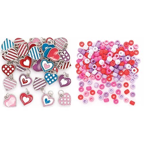 Baker Ross Herzanhänger - 30 Stück (FC461) und Red, Pink & Lila Pony Perlen Value Pack - 750 Stück (AX623) von Baker Ross