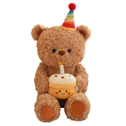 BakerMiche Plüschbärpuppe Happy Birthday Bär hält EIN Kuchen Kuscheltier Kuschelkissen Spielzeug Geschenke für Kinder und Erwachsene zu Weihnachten und zum Geburtstag von BakerMiche