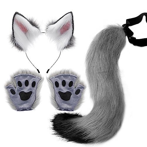 Kunstfell Fuchs Katzenohren Stirnband Schwanz Handschuhe Set – süßes Katzenkostüm pelzige Ohren Schwanz und Pfoten Tierkostüm Verkleidung Halloween Weihnachten Karneval Cosplay Bühnenkostüm von BakerMiche