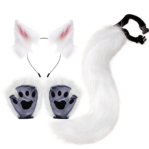 Kunstfell Fuchs Katzenohren Stirnband Schwanz Handschuhe Set – süßes Katzenkostüm pelzige Ohren Schwanz und Pfoten Tierkostüm Verkleidung Halloween Weihnachten Karneval Cosplay Bühnenkostüm von BakerMiche