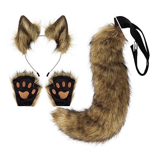 Kunstfell Katzenohren Stirnband Flauschiger Wolf Fuchsschwanz Krallenhandschuhe Cosplay Kostüm Set Tierkostüm pelziger Schwanz und Pfoten Damen Kostüm für Halloween Karneval Rollenspiele Bühnenshow von BakerMiche