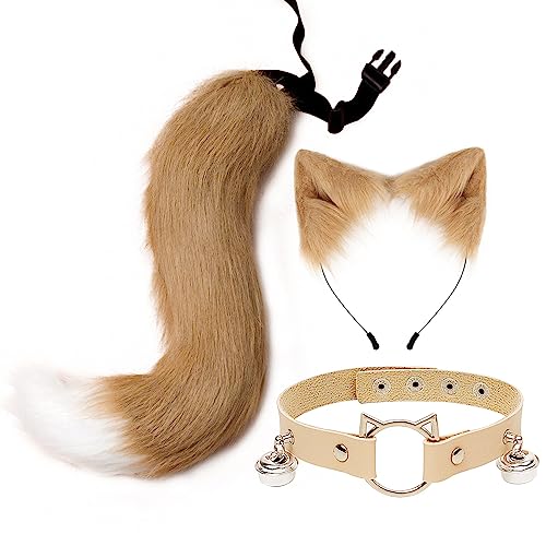 Kunstpelz Fuchs Kostüm pelziges Fuchsohren Stirnband Schwanz Glockenhalsband niedliche flauschige Katzenohren und Schwanz Tier Cosplay Kostüme Verkleidungszubehör für Halloween Weihnachten Verkleidung von BakerMiche