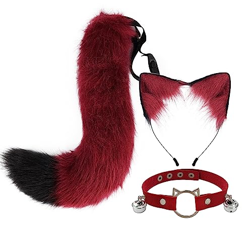 Kunstpelz Fuchs Kostüm pelziges Fuchsohren Stirnband Schwanz Glockenhalsband niedliche flauschige Katzenohren und Schwanz Tier Cosplay Kostüme Verkleidungszubehör für Halloween Weihnachten Verkleidung von BakerMiche