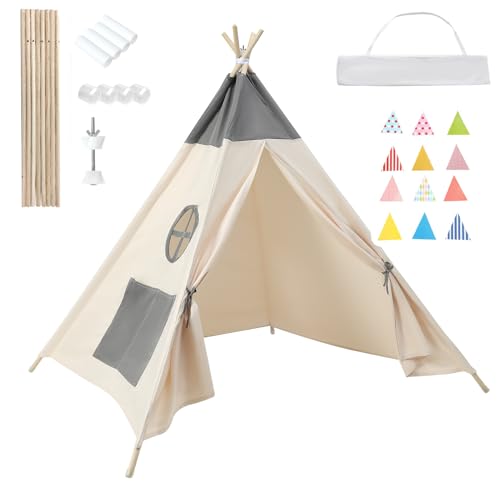 Baketron Tipi Zelt für Kinder,Tippi Kinderzelt,Spielzelt Kinderzimmer Höhle,Spielzeug Indoor Tent Jungen & Mädchen,Polyester und Holzrahmen mit Bunte Fahnen von Baketron