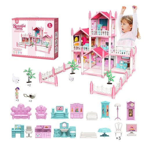 Balakaka Puppenhaus Traumhaus mit Licht für Mädchen, 7 Zimmer und 1 Terrasse & 2 Bunte Lichtleiste & 3 Puppen, DIY 3D Traum Prinzessin Haus für Toddler Geschenk für 3 4 5 6 7 8 Jahre von Balakaka