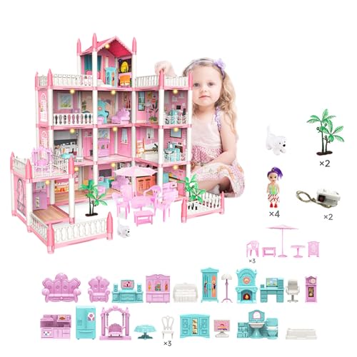 Balakaka Puppenhaus Traumhaus mit Licht für Mädchen, 11 Zimmer und 3 Terrasse & 2 Bunte Lichtleiste & 4 Puppen, DIY 3D Traum Prinzessin Haus für Toddler Geschenk für 3 4 5 6 7 8 Jahre von Balakaka