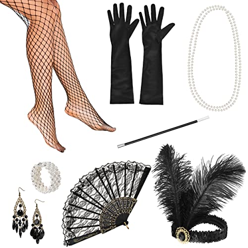 Balinco 1920 Set, Perlenarmband, Perlenkette, Handschuhe Schwarz, Flapper-Kopfschmuck Haarbandband, Fächer, Ohrringe, Netzstrumpfhose, Zigarettenhalter, Halloween Kostüm Damen, 20er Jahre Accessoires von Balinco