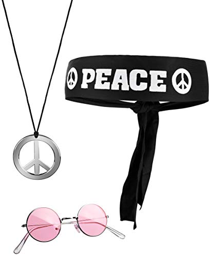 Balinco 3-teilliges Hippie Set mit Stirnband Peace Zeichen Kette und runder Nickel Sonnenbrille von Balinco