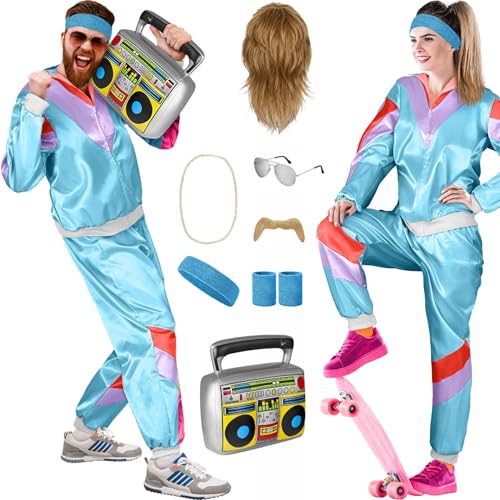 Balinco 80er Jahre Outfit Damen/Herren, Trainingsanzug Karneval Kostüm Set, Vokuhila Perücke, Bart, Kette, Pilotenbrille, Schweißbänder, Ghettoblaster (Hellblau I Lila I Rot, M) von Balinco