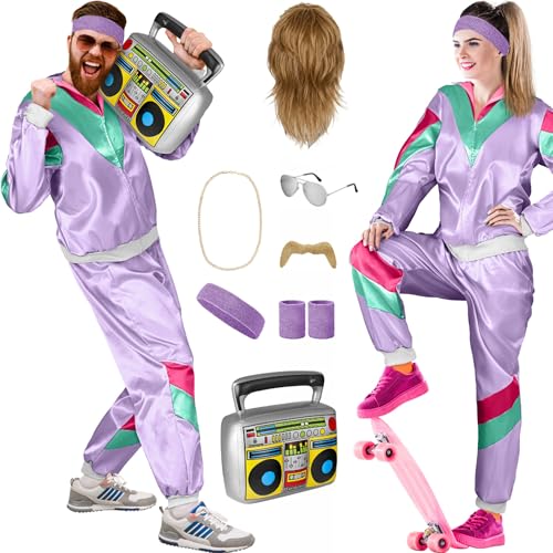 Balinco 80er Jahre Outfit Damen/Herren, Trainingsanzug Karneval Kostüm Set, Vokuhila Perücke, Bart, Kette, Pilotenbrille, Schweißbänder, Ghettoblaster (Lila I Grün I Pink, L) von Balinco